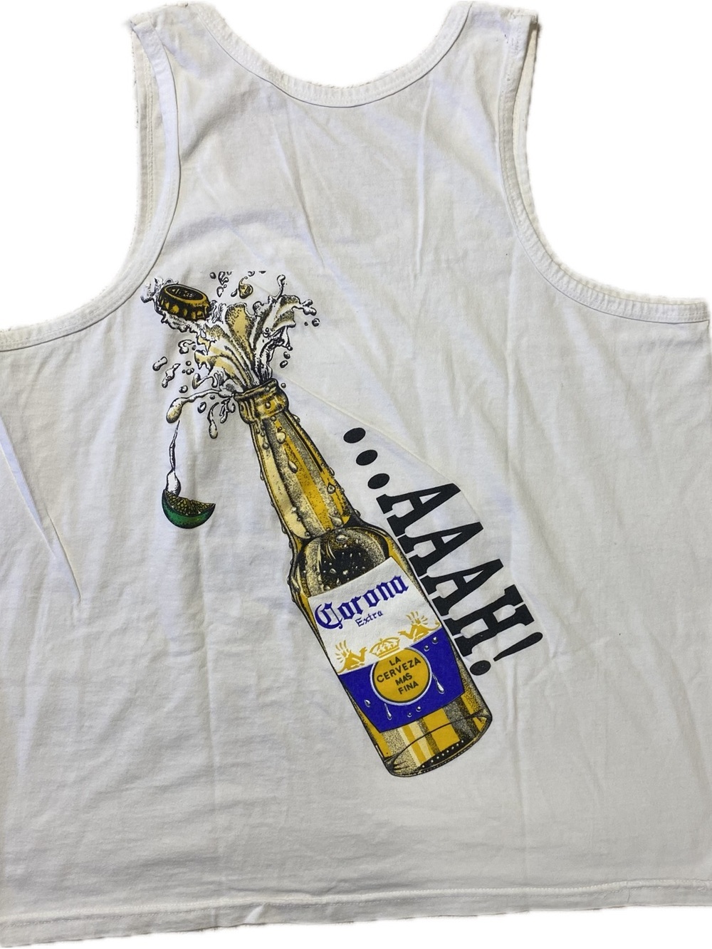 Corona White Tank Top with Yellow and Blue Bottle Graphic